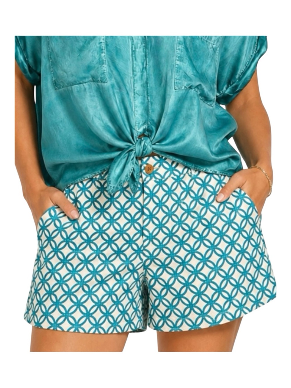 Market & Spruce Turquoise Teal Geometric Linen Blend Chino Shorts Size 12